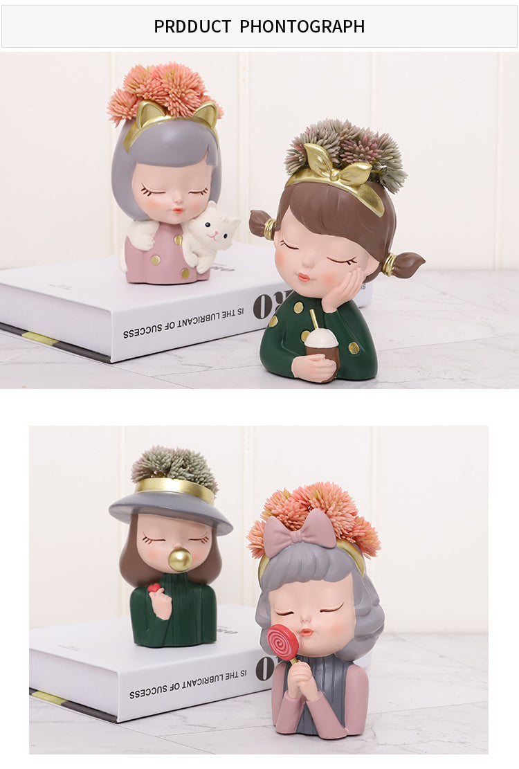 Beram Charming Figurine Set Green Pink Grey Polyresin Decorative Flower Vase Cute Girl Succulent Pot Modern Indoor Home Office Table Decor Propagator Kit Gift Set
