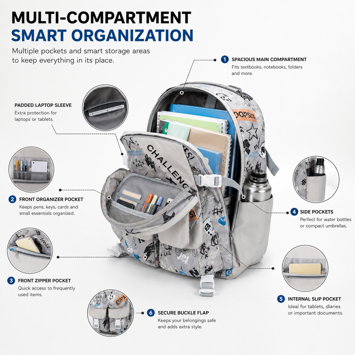 Sketch Art School Backpack 17 Inch, Lightweight Multi-Compartment Book Bag with Front Pocket, Side Pockets, Adjustable Shoulder Straps & Top Handle