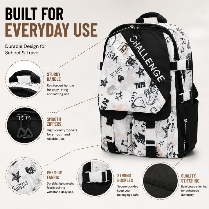 Sketch Art School Backpack 17 Inch, Lightweight Multi-Compartment Book Bag with Front Pocket, Side Pockets, Adjustable Shoulder Straps & Top Handle