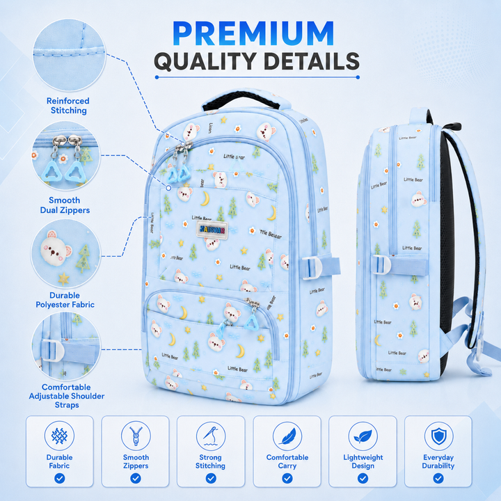 Bear Bloom School Backpack, Cute Bear Print Large Capacity Student Backpack with Multiple Compartments, Lightweight Book Bag with Side Pockets for School, Travel, Tuition & Daily Use