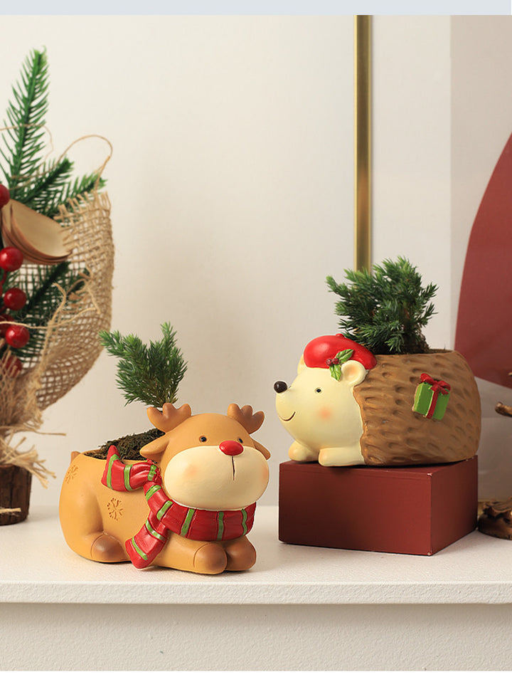 Animal Christmas Flower Pot 4 Pcs Set Rabbit Cat Porcupine Elephant Polyresin Succulent Planter Festive Mini Vase with Santa Hat Gift Box Design Indoor Outdoor Home Office Desk Decor Gift
