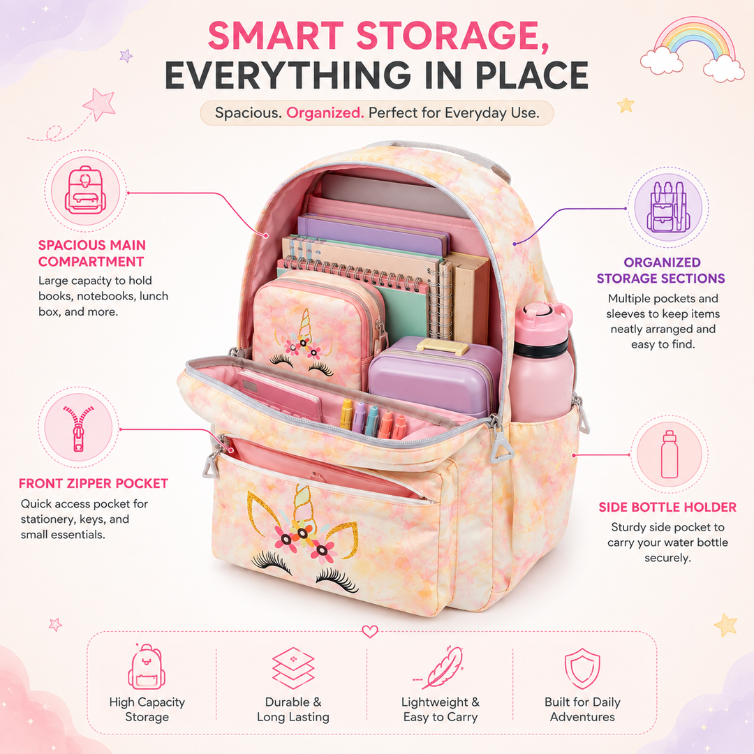 Magic Unicorn Pink 3-Piece School Backpack Set with Lunch Bag & Pencil Pouch, Large Capacity Lightweight School Bag with Adjustable Shoulder Straps for School, Travel & Everyday Use