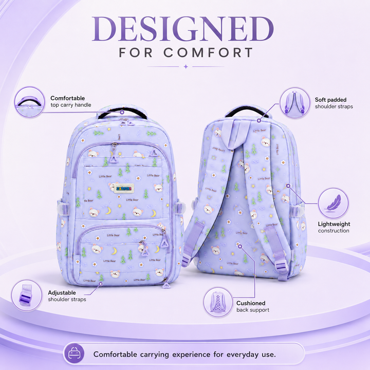 Bear Bloom School Backpack, Cute Bear Print Large Capacity Student Backpack with Multiple Compartments, Lightweight Book Bag with Side Pockets for School, Travel, Tuition & Daily Use