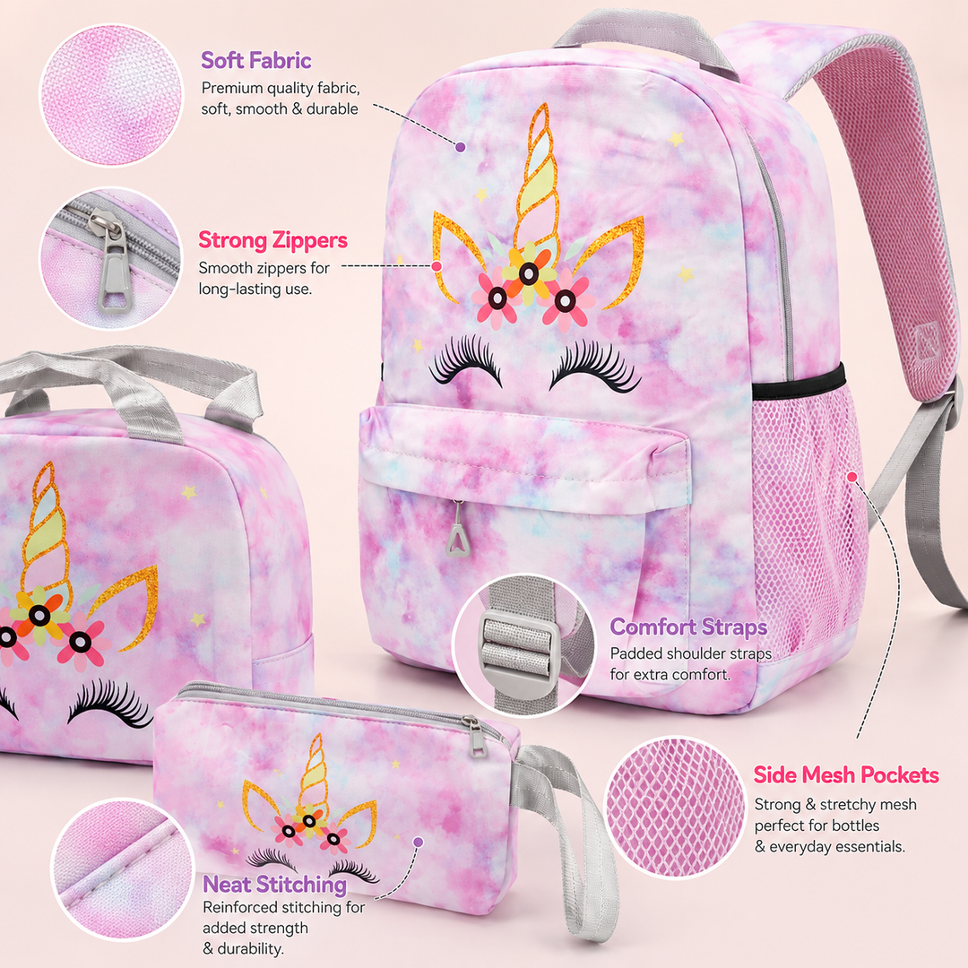 Magic Unicorn Pink 3-Piece School Backpack Set with Lunch Bag & Pencil Pouch, Large Capacity Lightweight School Bag with Adjustable Shoulder Straps for School, Travel & Everyday Use
