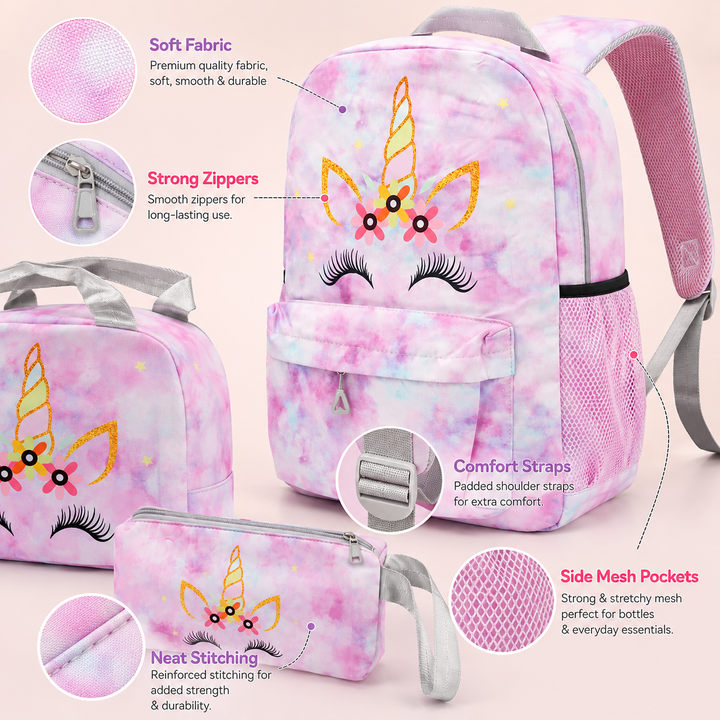 Magic Unicorn Pink 3-Piece School Backpack Set with Lunch Bag & Pencil Pouch, Large Capacity Lightweight School Bag with Adjustable Shoulder Straps for School, Travel & Everyday Use