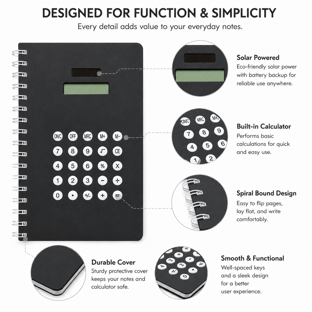 Calculator Spiral Notebook, Ruled Writing Notebook with Built-In Calculator, Spiral Bound Notebook for School, Office, Study, Notes, Journaling and Everyday Writing