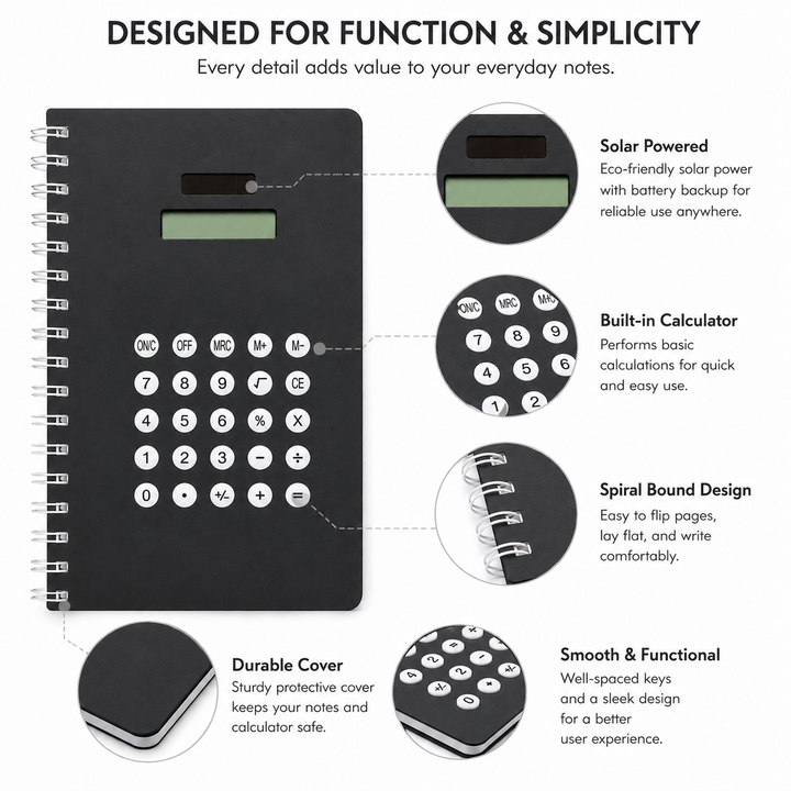 Calculator Spiral Notebook, Ruled Writing Notebook with Built-In Calculator, Spiral Bound Notebook for School, Office, Study, Notes, Journaling and Everyday Writing