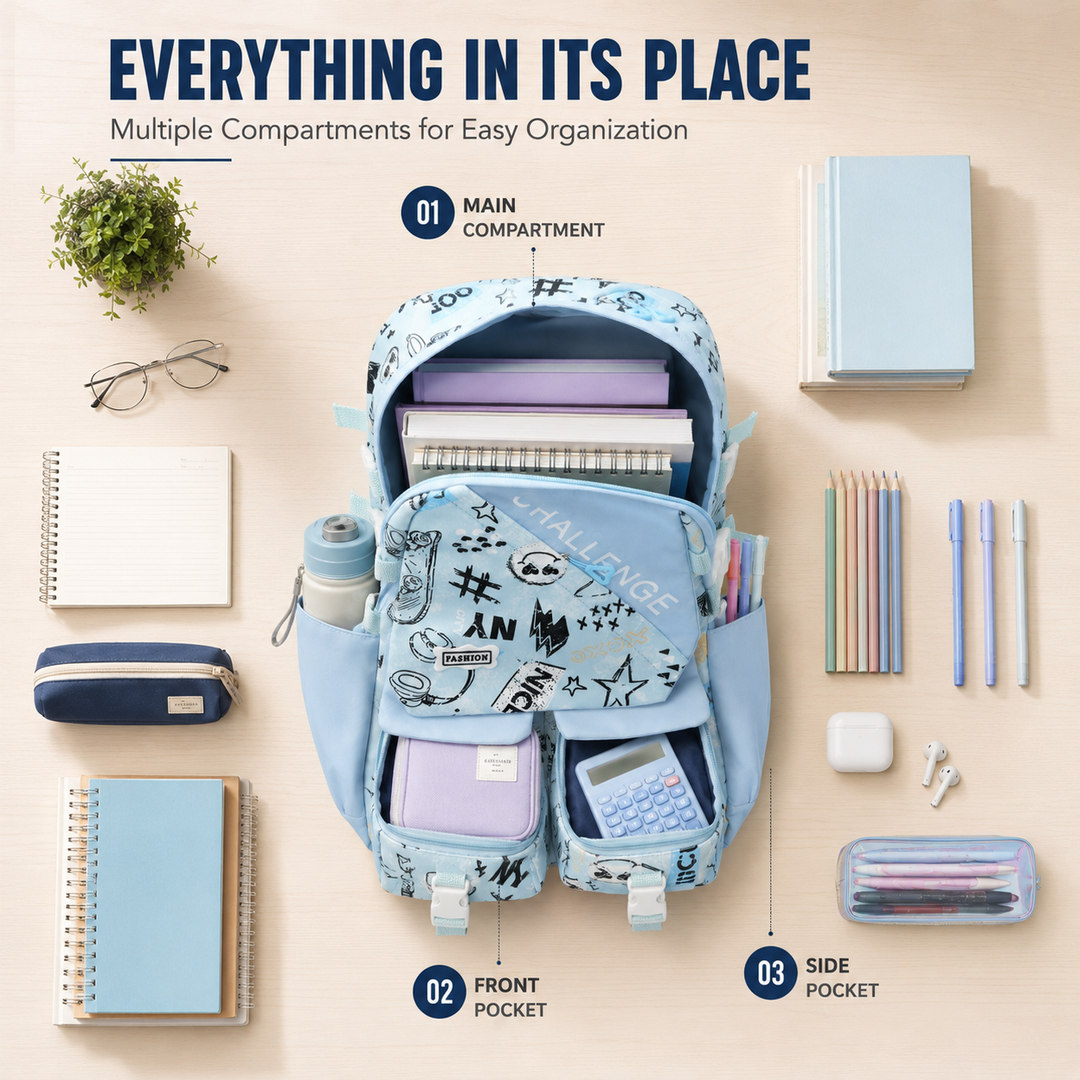 Sketch Art School Backpack 17 Inch, Lightweight Multi-Compartment Book Bag with Front Pocket, Side Pockets, Adjustable Shoulder Straps & Top Handle