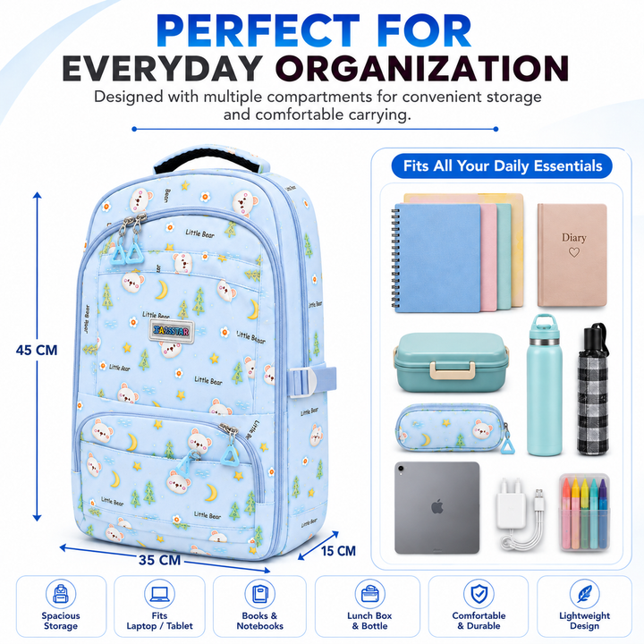 Bear Bloom School Backpack, Cute Bear Print Large Capacity Student Backpack with Multiple Compartments, Lightweight Book Bag with Side Pockets for School, Travel, Tuition & Daily Use