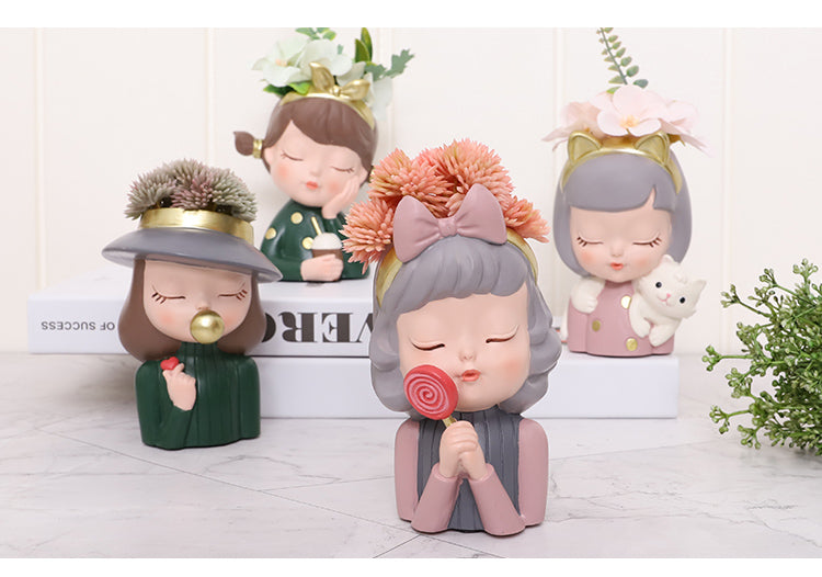 Beram Charming Figurine Set Green Pink Grey Polyresin Decorative Flower Vase Cute Girl Succulent Pot Modern Indoor Home Office Table Decor Propagator Kit Gift Set