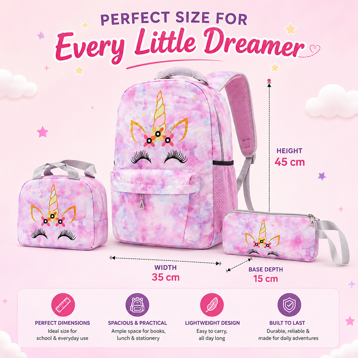 Magic Unicorn Pink 3-Piece School Backpack Set with Lunch Bag & Pencil Pouch, Large Capacity Lightweight School Bag with Adjustable Shoulder Straps for School, Travel & Everyday Use