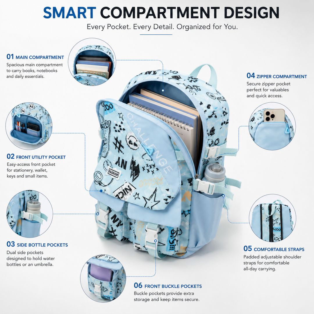 Sketch Art School Backpack 17 Inch, Lightweight Multi-Compartment Book Bag with Front Pocket, Side Pockets, Adjustable Shoulder Straps & Top Handle