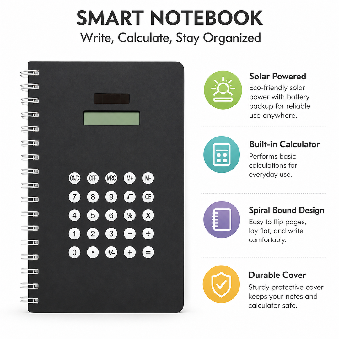 Calculator Spiral Notebook, Ruled Writing Notebook with Built-In Calculator, Spiral Bound Notebook for School, Office, Study, Notes, Journaling and Everyday Writing