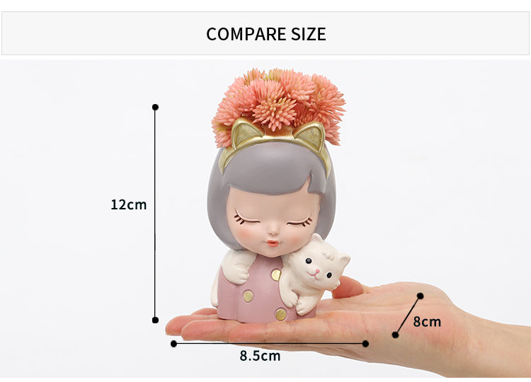 Beram Charming Figurine Set Green Pink Grey Polyresin Decorative Flower Vase Cute Girl Succulent Pot Modern Indoor Home Office Table Decor Propagator Kit Gift Set