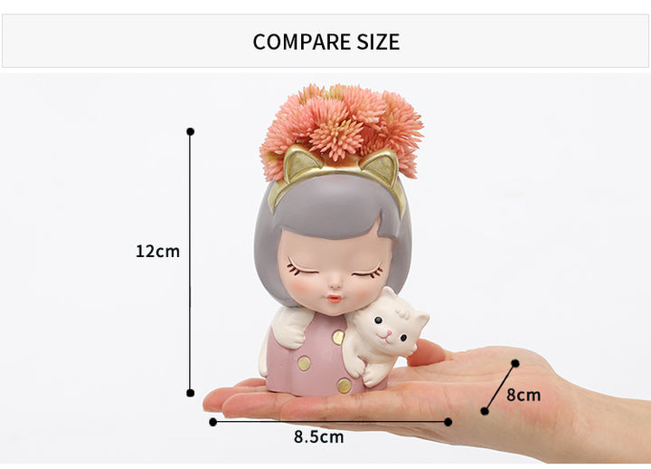 Beram Charming Figurine Set Green Pink Grey Polyresin Decorative Flower Vase Cute Girl Succulent Pot Modern Indoor Home Office Table Decor Propagator Kit Gift Set