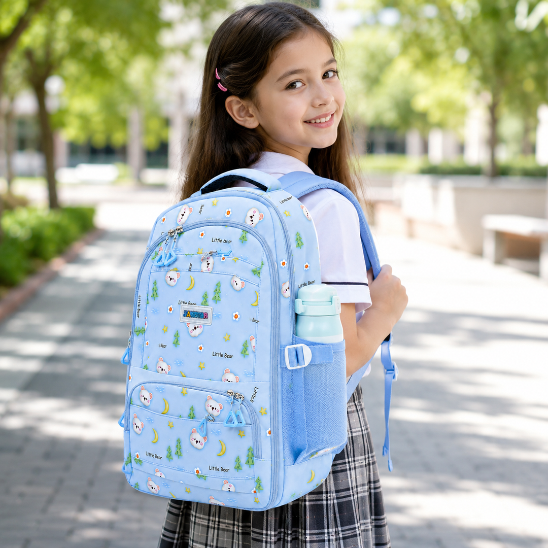 Bear Bloom School Backpack, Cute Bear Print Large Capacity Student Backpack with Multiple Compartments, Lightweight Book Bag with Side Pockets for School, Travel, Tuition & Daily Use