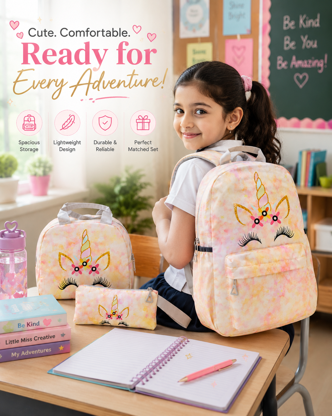 Magic Unicorn Pink 3-Piece School Backpack Set with Lunch Bag & Pencil Pouch, Large Capacity Lightweight School Bag with Adjustable Shoulder Straps for School, Travel & Everyday Use
