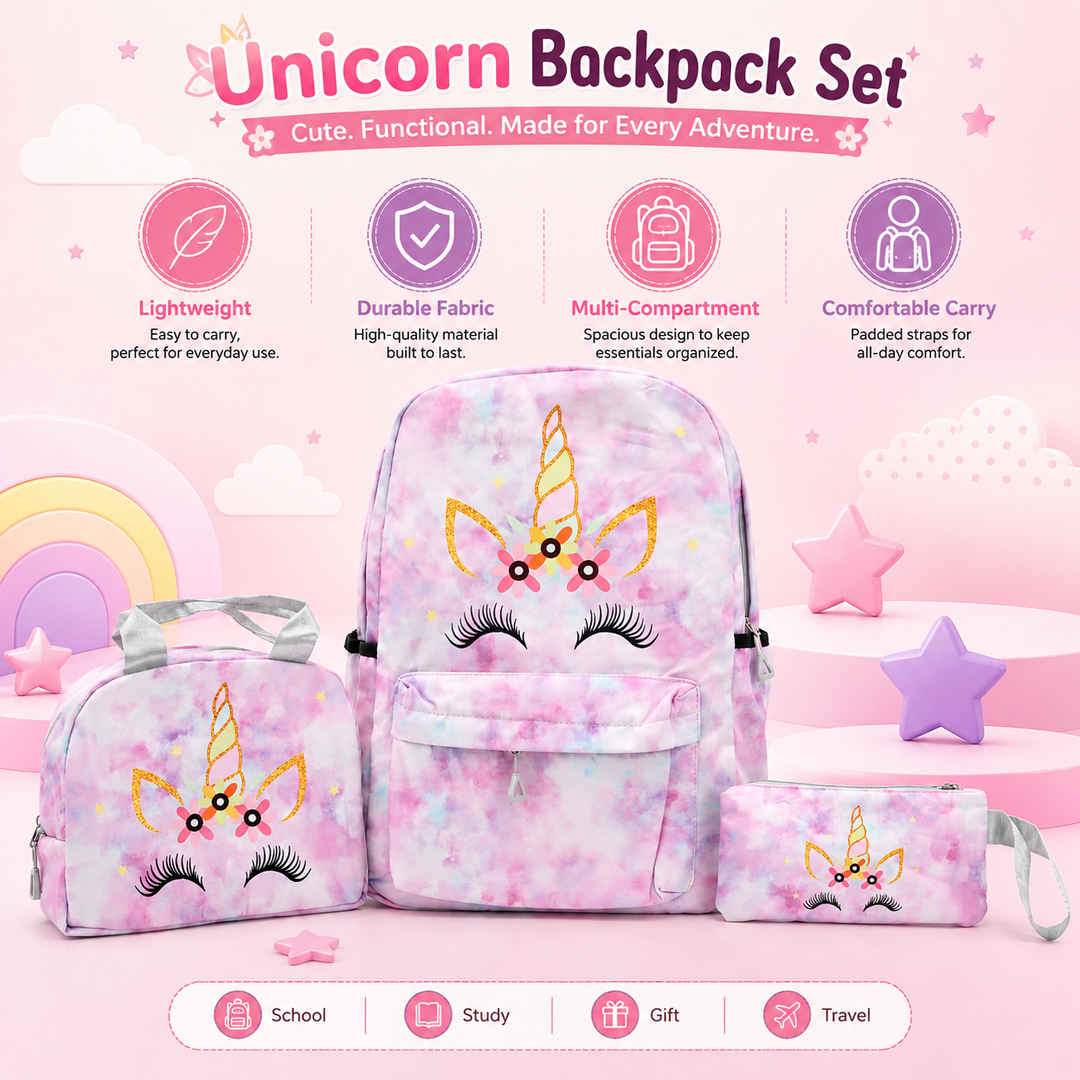 Magic Unicorn Pink 3-Piece School Backpack Set with Lunch Bag & Pencil Pouch, Large Capacity Lightweight School Bag with Adjustable Shoulder Straps for School, Travel & Everyday Use