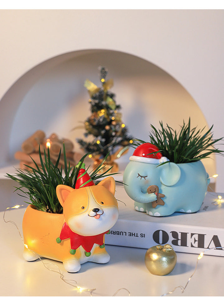 Animal Christmas Flower Pot 4 Pcs Set Rabbit Cat Porcupine Elephant Polyresin Succulent Planter Festive Mini Vase with Santa Hat Gift Box Design Indoor Outdoor Home Office Desk Decor Gift