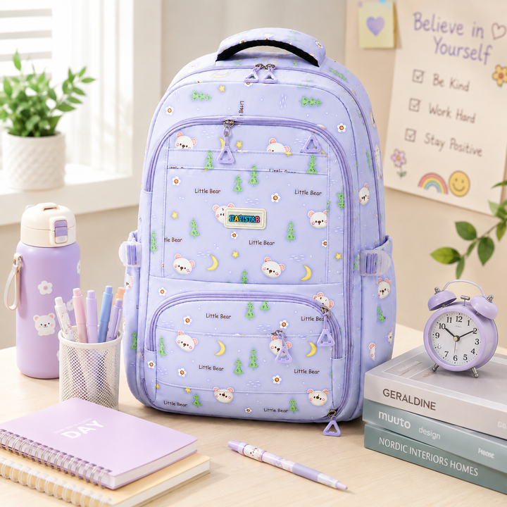 Bear Bloom School Backpack, Cute Bear Print Large Capacity Student Backpack with Multiple Compartments, Lightweight Book Bag with Side Pockets for School, Travel, Tuition & Daily Use