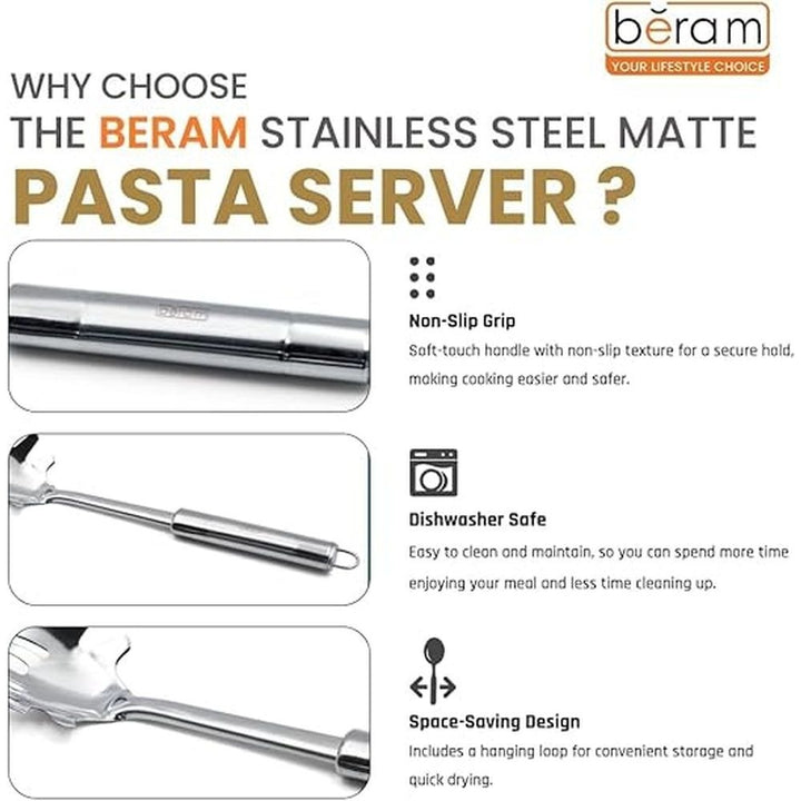 BERAM Stainless Steel Cooking Utensils Set – 6-Piece Kitchen Tool Set with Pasta Server Turner Spatula Skimmer Rice Scoop & Soup Ladle – Durable Matte Silver Cookware Utensils