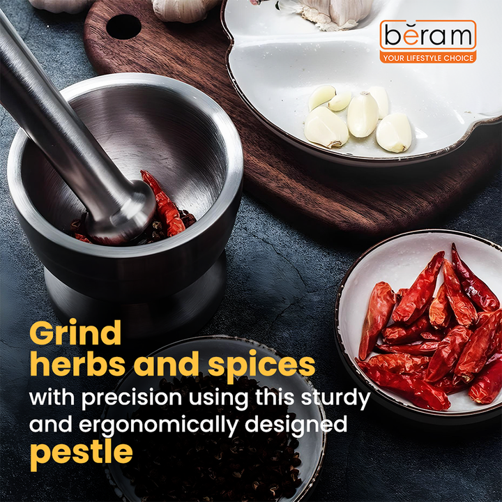 BERAM Pestle and Mortar Set Manual Grinder with Lid Premium Stainless Steel Mixing Bowl for Garlic Spices Herbs Durable Sturdy and Long Lasting with Easy Cleaning