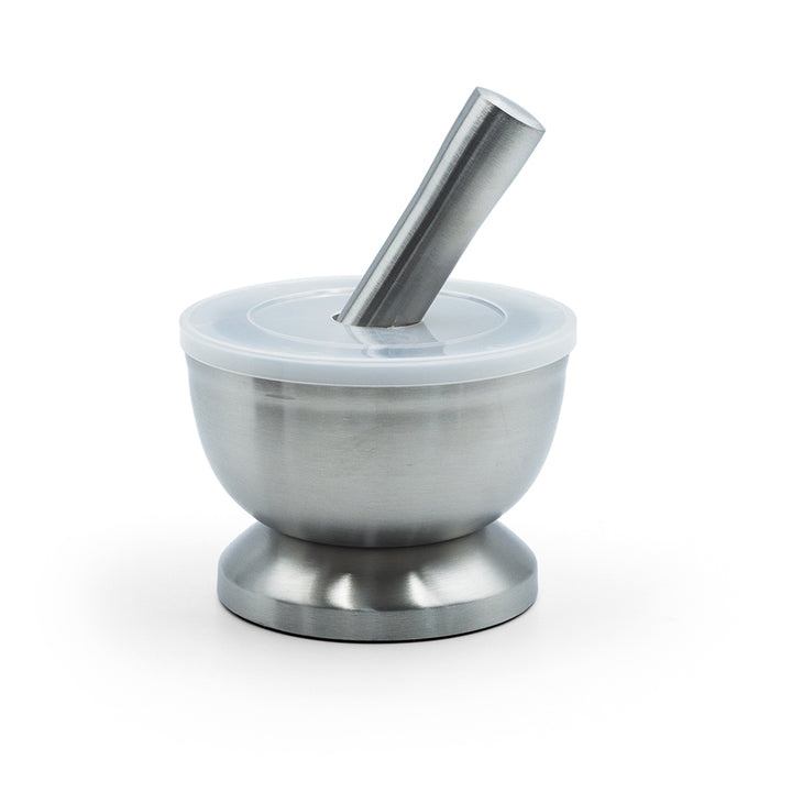 BERAM Pestle and Mortar Set Manual Grinder with Lid Premium Stainless Steel Mixing Bowl for Garlic Spices Herbs Durable Sturdy and Long Lasting with Easy Cleaning