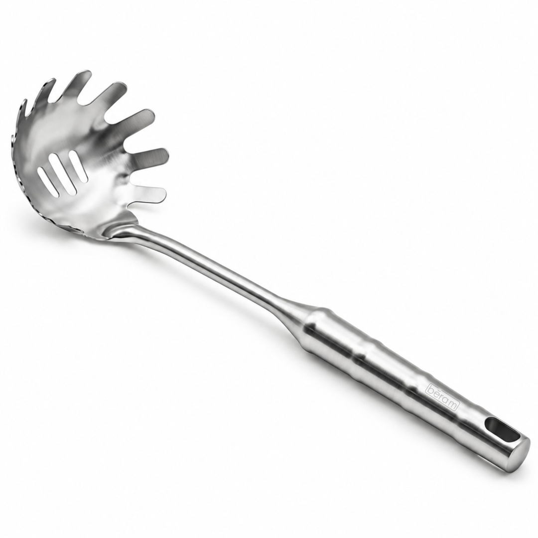 BERAM Cooking Utensils Set 304 Stainless Steel 6 Pieces Soup Spoon Spatula Slotted Turner Rice Scoop Pasta Server Skimmer Food Grade Kitchen Tools with Bamboo Shaped Handles