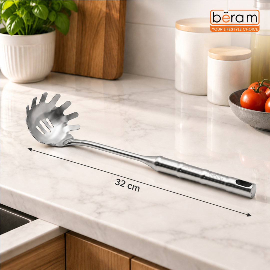 BERAM Cooking Utensils Set 304 Stainless Steel 6 Pieces Soup Spoon Spatula Slotted Turner Rice Scoop Pasta Server Skimmer Food Grade Kitchen Tools with Bamboo Shaped Handles