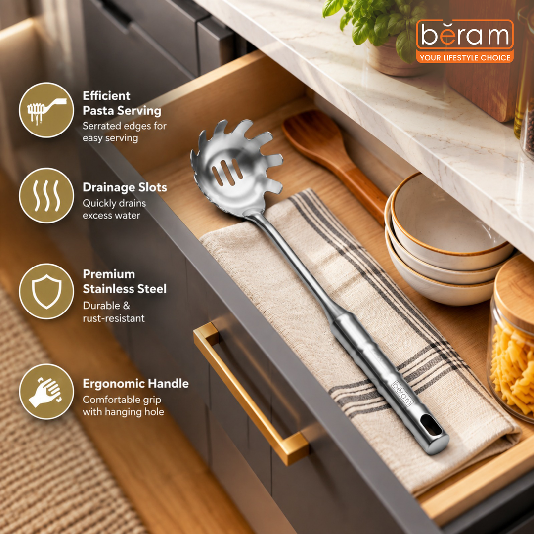 BERAM Cooking Utensils Set 304 Stainless Steel 6 Pieces Soup Spoon Spatula Slotted Turner Rice Scoop Pasta Server Skimmer Food Grade Kitchen Tools with Bamboo Shaped Handles