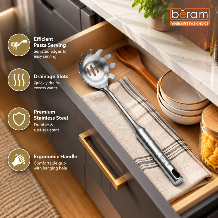 BERAM Cooking Utensils Set 304 Stainless Steel 6 Pieces Soup Spoon Spatula Slotted Turner Rice Scoop Pasta Server Skimmer Food Grade Kitchen Tools with Bamboo Shaped Handles