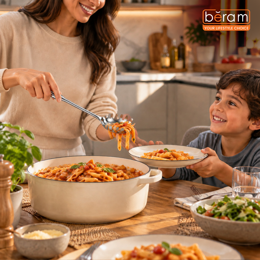 BERAM Cooking Utensils Set 304 Stainless Steel 6 Pieces Soup Spoon Spatula Slotted Turner Rice Scoop Pasta Server Skimmer Food Grade Kitchen Tools with Bamboo Shaped Handles