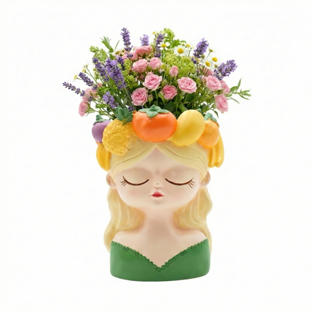 Fancy Girl with Fruit Crown Flower Pot 4 Pcs Set Red Green Pink Yellow Polyresin Decorative Planters for Succulents Indoor Outdoor Home Office Desk Décor Pen Pencil Holder Propagator Kit