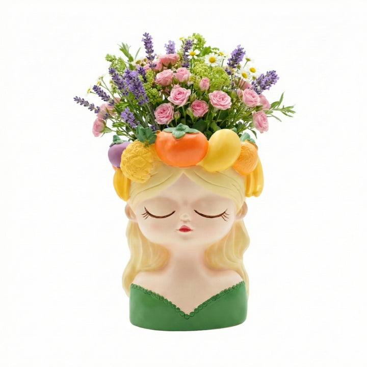 Fancy Girl with Fruit Crown Flower Pot 4 Pcs Set Red Green Pink Yellow Polyresin Decorative Planters for Succulents Indoor Outdoor Home Office Desk Décor Pen Pencil Holder Propagator Kit