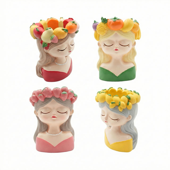 Fancy Girl with Fruit Crown Flower Pot 4 Pcs Set Red Green Pink Yellow Polyresin Decorative Planters for Succulents Indoor Outdoor Home Office Desk Décor Pen Pencil Holder Propagator Kit