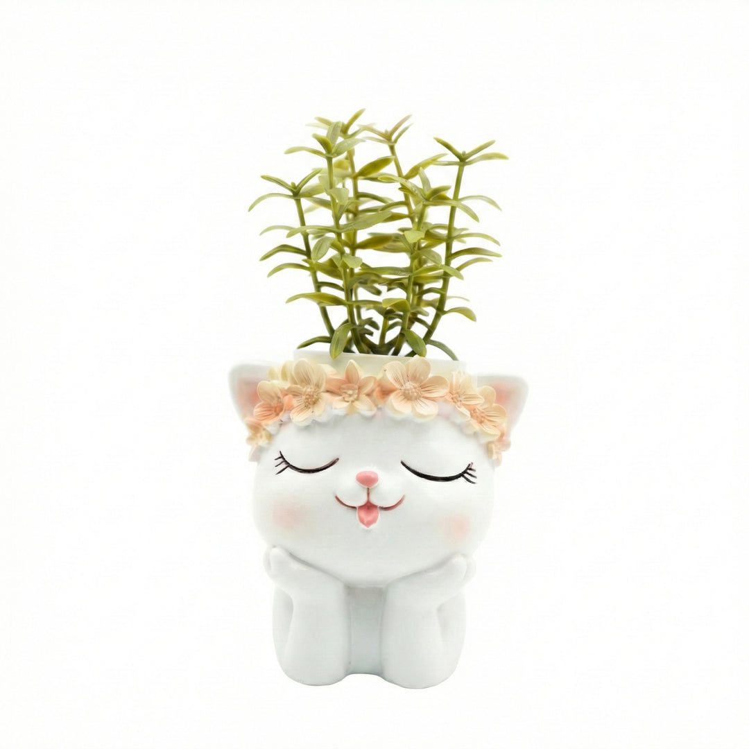 Fantasy 2PCS Flower Pot Set Kitty and Panda Polyresin Cute Animal Succulent Planters with Flower Crown Decorative Mini Vase Indoor Outdoor Home Office Desk Decor Pen Pencil Holder Propagator Kit