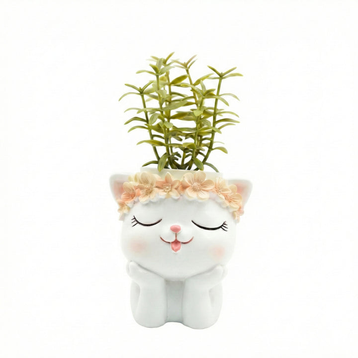 Fantasy 2PCS Flower Pot Set Kitty and Panda Polyresin Cute Animal Succulent Planters with Flower Crown Decorative Mini Vase Indoor Outdoor Home Office Desk Decor Pen Pencil Holder Propagator Kit