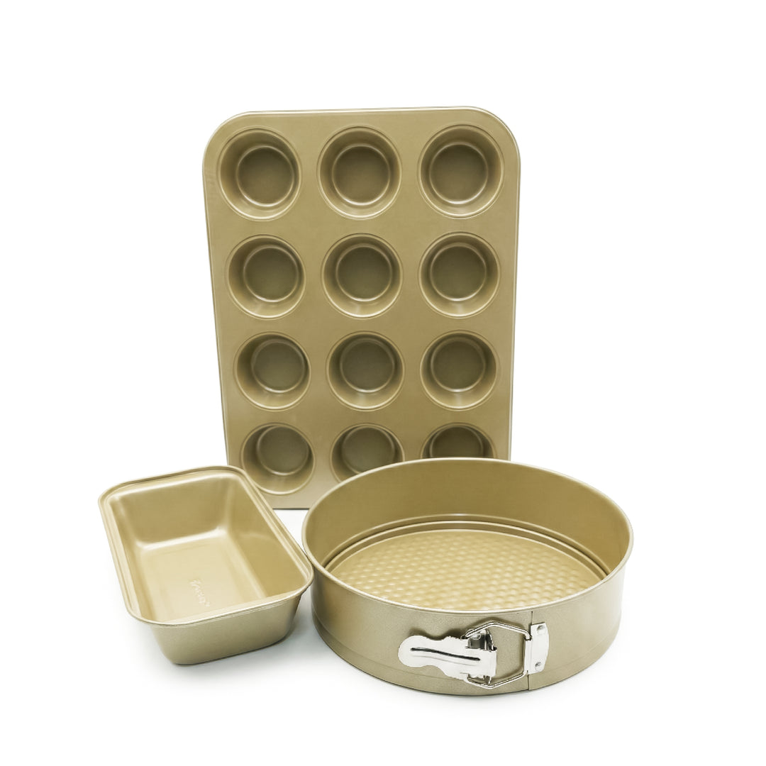 BERGNER 3Pc Non Stick Carbon Steel Greenish Gold Bakeware Set with 12 Cup Muffin Tray Springform Cake Pan and Loaf Pan Oven Safe Baking Tins for Cake Muffin Bread Baking Essentials