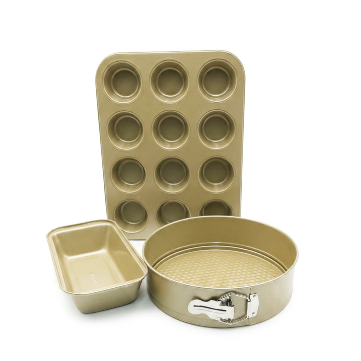 BERGNER 3Pc Non Stick Carbon Steel Greenish Gold Bakeware Set with 12 Cup Muffin Tray Springform Cake Pan and Loaf Pan Oven Safe Baking Tins for Cake Muffin Bread Baking Essentials