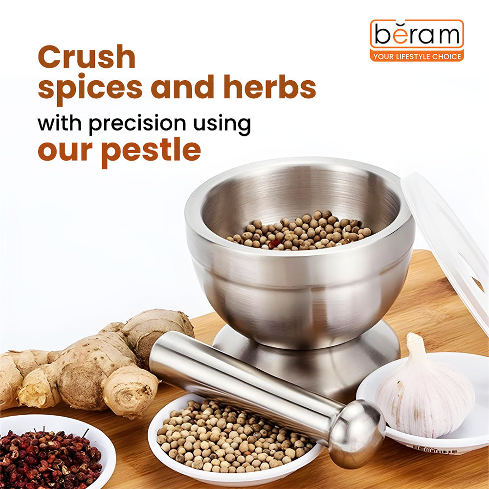 BERAM Pestle and Mortar Set Manual Grinder with Lid Premium Stainless Steel Mixing Bowl for Garlic Spices Herbs Durable Sturdy and Long Lasting with Easy Cleaning