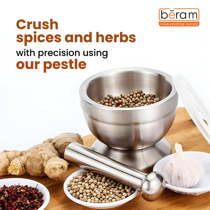 BERAM Pestle and Mortar Set Manual Grinder with Lid Premium Stainless Steel Mixing Bowl for Garlic Spices Herbs Durable Sturdy and Long Lasting with Easy Cleaning