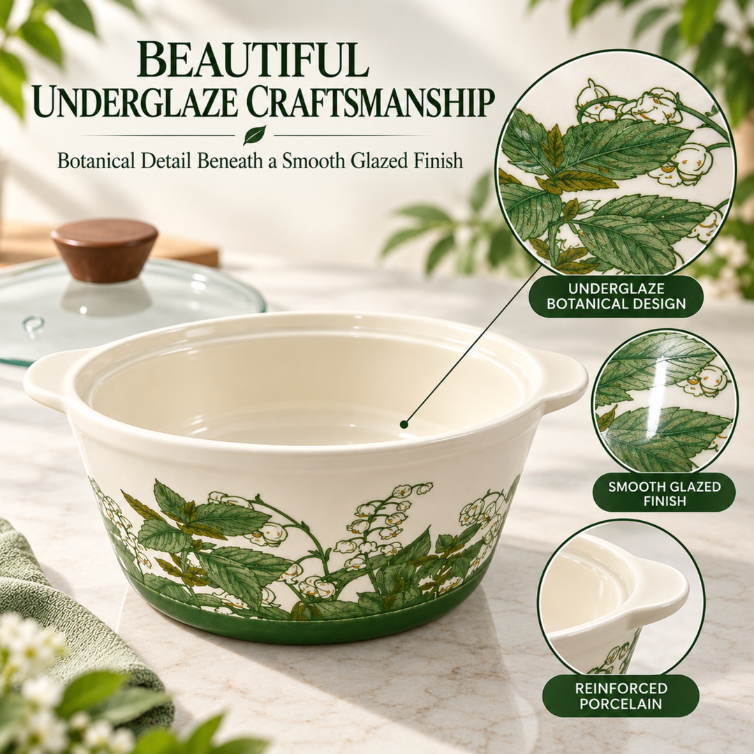Soup Pot Set with Glass Lids, 0.85L Each, Floral Ceramic Cooking Pots with Side Handles & Wooden Knobs for Soup, Noodles, Porridge, Milk, Stews & Serving