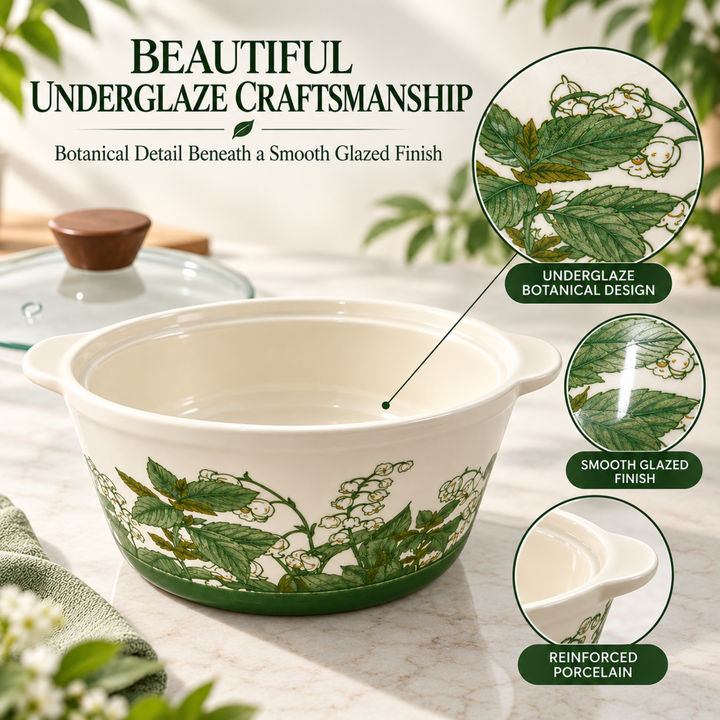 Soup Pot Set with Glass Lids, 0.85L Each, Floral Ceramic Cooking Pots with Side Handles & Wooden Knobs for Soup, Noodles, Porridge, Milk, Stews & Serving