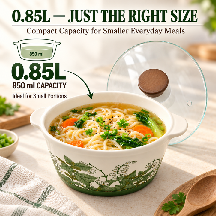 Soup Pot Set with Glass Lids, 0.85L Each, Floral Ceramic Cooking Pots with Side Handles & Wooden Knobs for Soup, Noodles, Porridge, Milk, Stews & Serving