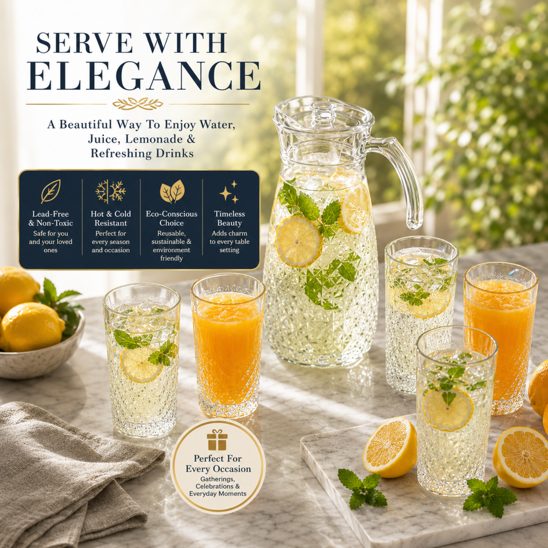 7 Piece Glass Drink Set with Pitcher and 6 Glasses, 11 OZ Drinking Tumblers, Clear Textured Glass Water Juice Beverage Serving Set with Lid, Dishwasher Safe for Home Dining Parties