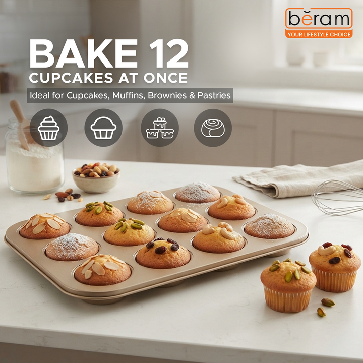 Beram 12 Cup Cake Tray Non Stick Carbon Steel Muffin Pan Durable Oven Safe Bakeware Baking Moldfor Cupcakes Muffins Brownies Cookies Pastry and Desserts