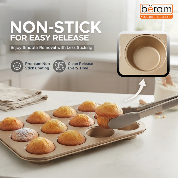 Beram 12 Cup Cake Tray Non Stick Carbon Steel Muffin Pan Durable Oven Safe Bakeware Baking Moldfor Cupcakes Muffins Brownies Cookies Pastry and Desserts