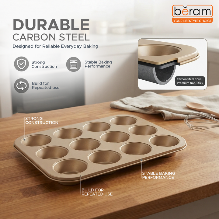 Beram 12 Cup Cake Tray Non Stick Carbon Steel Muffin Pan Durable Oven Safe Bakeware Baking Moldfor Cupcakes Muffins Brownies Cookies Pastry and Desserts