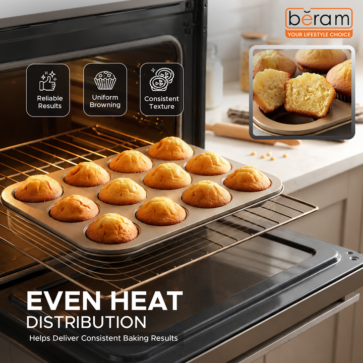 Beram 12 Cup Cake Tray Non Stick Carbon Steel Muffin Pan Durable Oven Safe Bakeware Baking Moldfor Cupcakes Muffins Brownies Cookies Pastry and Desserts