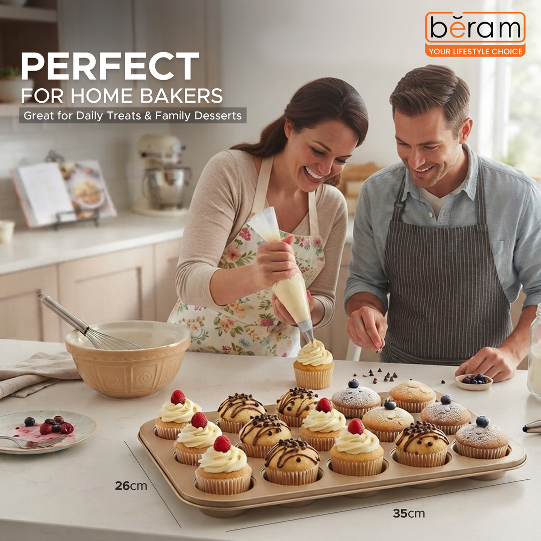 Beram 12 Cup Cake Tray Non Stick Carbon Steel Muffin Pan Durable Oven Safe Bakeware Baking Moldfor Cupcakes Muffins Brownies Cookies Pastry and Desserts